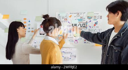 team of UI UX web designer are working together to develop mobile responsive websites with UI UX front end designer previews Stock Photo