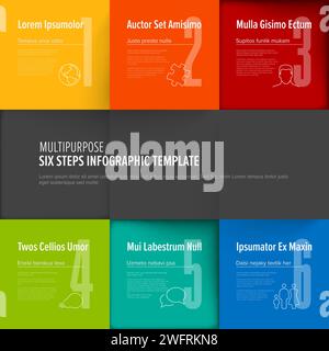 Multipurpose mosaic six steps infographic made from colorful content squares with icons numbers and texts. Six square content blocks template. Stock Vector