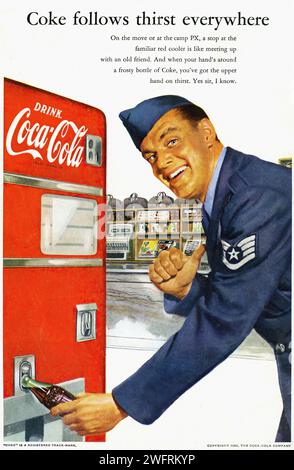 “Coke follows thirst everywhere”  An American advertisement from the Second World War for Coca-Cola. The vintage graphic style image depicts a man in a military uniform reaching for a bottle of Coca-Cola from a red vending machine. The background is beige with the text “Coke follows thirst everywhere”.- American (U.S.) advertising, World War II era Stock Photo