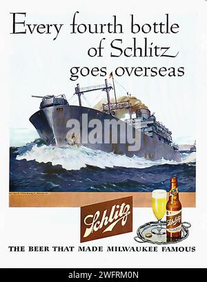 “EVERY FOURTH BOTTLE OF SCHLITZ GOES OVERSEAS”  A World War II era American advertisement poster for Schlitz beer, featuring a large illustration of a cargo ship with a gray hull and a yellow deck, sailing on rough seas with white waves. The poster’s background is white, and the text is in black letters. Below the ship, there’s a smaller illustration of a glass of beer and a bottle of Schlitz beer. The overall color scheme of the poster is blue, gray, and yellow, typical of the vibrant and bold graphic style of mid-20th century American print advertising. - American (U.S.) advertising, World W Stock Photo