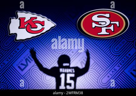 LAS VEGAS, NEVADA, USA, JANUARY 29, 2024: Patrick Mahomes silhouette Super Bowl LVIII, the 58th Super Bowl, Kansas City Chiefs vs. The San Francisco 4 Stock Photo