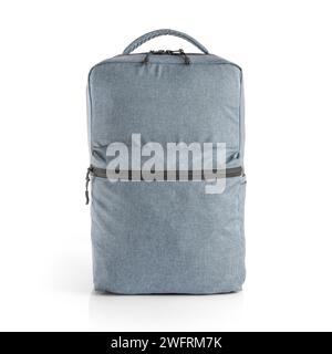 Blue backpack for everyday use with different pockets and laptop compartment. Front view on white background. Stock Photo