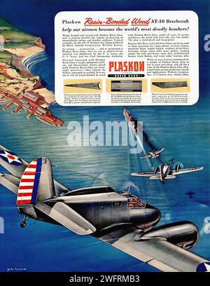 “PLASKON RADIO-BONDED WEST A-10 BEECHCRAFT HELP OUR AIRMEN BECOME THE WORLD’S MOST DEADLY BOMBERS!”  This is a vintage American advertisement from the World War II era for Plaskon, a company that specialized in radio-bonded aircraft. The advertisement features a large, striking illustration of a dark blue bomber aircraft with white and red stripes on the tail and wings, flying over a coastline. Two smaller aircraft are seen flying in formation behind the bomber. The backdrop is a vivid blue sky with clouds and a detailed coastline with buildings and ships. The graphic style of the advertisemen Stock Photo