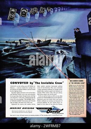 “CONVOYED BY ‘THE INVISIBLE CREW’”  This is a vintage, full-page advertisement from the Bendix Marine Division, originating from the United States during the World War II era. The advertisement features a vibrant blue background with a fleet of ships at sea, overseen by a man on the bridge of one of the ships. The ships are accompanied by a group of ghost-like figures, referred to as “The Invisible Crew”. The graphic style of the advertisement is reminiscent of mid-20th century American print media, with its bold colors and dramatic imagery. In the top left corner, images of medals and badges Stock Photo