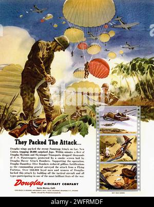 “They Packed The Attack…”  A vintage U.S. propaganda poster from the second world war, featuring an illustration of paratroopers dropping from the sky with parachutes. The background is a blue sky with clouds and a green landscape below. The style is reminiscent of the era, with bold colors and dramatic action. - American (U.S.) advertising, World War II era Stock Photo