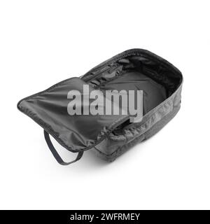 Gray fabric backpack with an open large main compartment on white background. Casual backpack, top view. Stock Photo