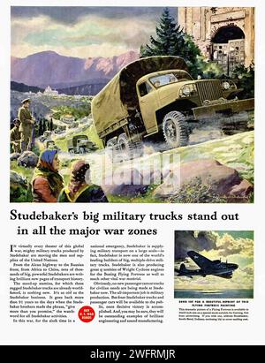 “STUDEBAKER’S BIG MILITARY TRUCKS STAND OUT IN ALL THE MAJOR WAR ZONES”  Vintage U.S propaganda poster from World War II featuring a Studebaker truck in a war zone with soldiers and military equipment in the background. The poster is in a realistic style - American (U.S.) advertising, World War II era Stock Photo