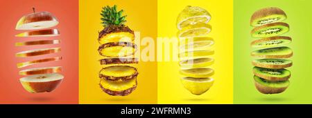 Panoramic image of sliced fruits levitating in the air. Set of fresh fruits on colorful backgrounds. Stock Photo
