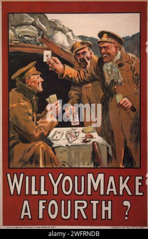 A World War I recruitment poster featuring four soldiers in a trench, playing cards. The bold text 'WILL YOU MAKE A FOURTH?' dominates the bottom of the poster. The art style is realistic with a patriotic theme, intending to invoke camaraderie and a sense of duty. Stock Photo