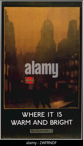 A vintage London Underground poster reading 'WHERE IT IS WARM AND BRIGHT' with a foggy cityscape background and the iconic roundel logo. The style captures the mood of London in the 1920s with a warm glow and soft focus. Stock Photo