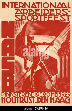 A vintage Dutch poster for the 1929 International Workers Sports Festival by Albert Hahn. Illustrates an athlete holding a spear against a red backdrop, in a style reminiscent of Soviet propaganda posters with bold colors and strong, simple shapes. Stock Photo