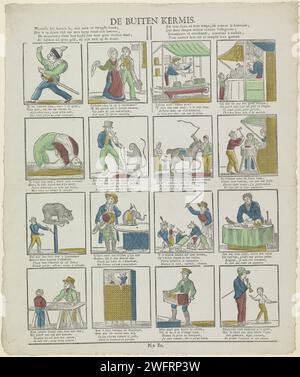 De Buitenkermis, 1800 - 1833 print Leaf with 16 fairground scenes, including representations of a dancing monkey, a flexible man and dogs that can do tricks. Under each image a two -way verse in Dutch and in French, above a four -line verse in Dutch and in French in two columns. Numbered in the middle: No. 80. Turnwood paper letterpress printing circus animals. acrobat  circus. bears (circus performance). pleasure fair and circus. circus performance with trained animals (monkeys, elephants, bears, lions and tigers, horses, dogs, dolphins, seals, fleas) Stock Photo