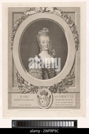Portrait of Marie Antoinette, Queen of France, Louis Jacques Cathelin, after Jean Martial Frédou, c. 1775 print  print maker: Franceafter painting by: Francepublisher: Versaillespublisher: Paris paper engraving / etching historical persons. queen. flowers: rose. ornaments, jewels. pearl; pearl necklace Stock Photo