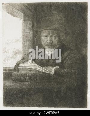 Self-Portrait Etch at A Window, Rembrandt van Rijn, 1648 print   paper etching / drypoint Stock Photo