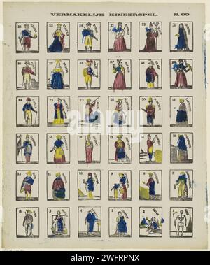 Flos cards, 1827 - 1894 print. card game Leaf with 36 playing cards (floss cards) with performances of different figures. The images form eighteen pairs, numbered from the top left number 36 to the bottom right number 1. Apart from the two lowest songs, they show seventeen couples, male and woman, with the man just one number higher than the woman, each couple a profession or proposes a social position. Numbered at the top right: N. 99. Schaerbeek paper letterpress printing nobility and patriciate; chivalry, knighthood. Social Position. playing-cards. symbols and personifications of Death Stock Photo