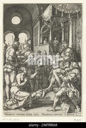 Judgment of Solomon, Heinrich Aldegrever, 1555 print King Solomon sitting on his throne in his palace, for him two women with a baby. One of women kneels and begs not to kill and split the baby, the other gives the baby to a soldier with a sword in his hand. Solomon Velt his judgment and points out the kneeling woman with his staff as the true mother. Under the show The Latin text: Salomon Causam Inter Duas Mulieres Dirimit 1 Regum 3. Germany paper engraving Solomon indicates the true mother Stock Photo