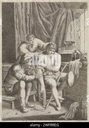 Surgeon burns a wound, Justus van den Nijpoort, 1635 - 1692 print In a room by a window, a surgeon burns the wound of a man. Another man holds the patient by his head and shoulder. There is scissors on the ground. A curtain is partly hanging over the opened window. unknown paper etching / engraving barber; surgeon. infections and wounds. tools, aids, implements  crafts and industries: scissors Stock Photo