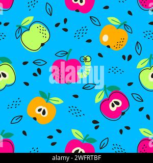 Vector hand drawn seamless pattern in a doodle style. Red and green apples on blue background Stock Vector