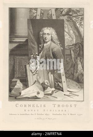 Portrait of Cornelis Troost, Jacob Houbraken, After Cornelis Troost, 1760 - 1780 print Portrait to the left of the painter Cornelis Troost. The painting with its portrait stands on an easel on a landing and is surrounded by the attributes of painting and engraving art. Under the donkey are the palette and brushes, a sculpted head, drawing markers, books and drawings. On the left is the painter's stick, on which a laurel wreath hangs. Behind it a painting in frame. In the background a glimpse to a landscape. Under the performance the name and data of the portrayed person in three lines in Dutch Stock Photo