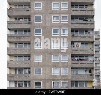 Radley House high rise, part of the brutalist Lesnes Estate in Thamesmead SE2 built in 1967 and due to be demolished and redeveloped. Stock Photo