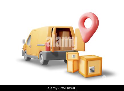 3D Delivery Van and Cardboard Boxes Stock Vector