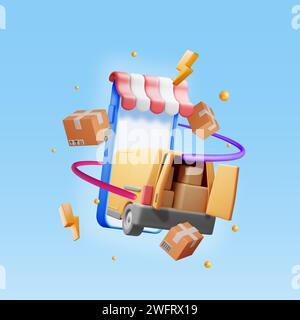 3D Delivery Van and Cardboard Boxes in Smartphone Stock Vector