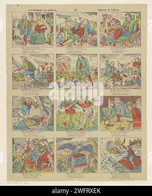 History of Guliver / Histoire De Guliver, 1833 - 1911 print Leaf with 12 performances from Gullivers Reizen, including Gulliver in Lilliput and two giants who capture Gulliver. Under each performance a two -way verse in Dutch and French. Numbered in the middle: 17. Turnwood paper letterpress printing (scenes from) specific works of literature: Swift, Gulliver's Travels Stock Photo