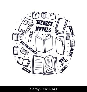 Books in doodle style. Round badge with symbols of reading and hand drawn texts. Vector black and white design illustration in retro style. Stock Vector