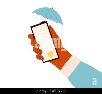 Exchange of documents with secured system technological platform. Online mobile signing confidentiality contract. Hand with phone and umbrella and bus Stock Vector