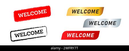 welcome black red gold and silver square stamp label sticker greeting conversation Stock Vector
