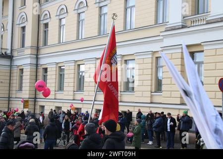 Finland’s leading employee confederations SAK and STTK arranged a major STOP now! demonstration to protest against government cuts in working conditions and social welfare. 1.2.2024, Helsinki, Finland Stock Photo
