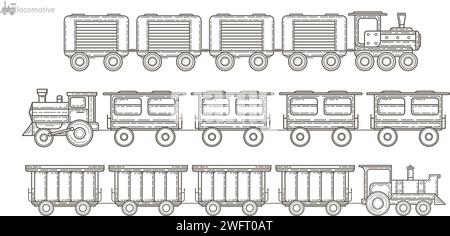 Old steam locomotives, icon set.Vector illustration. Stock Vector