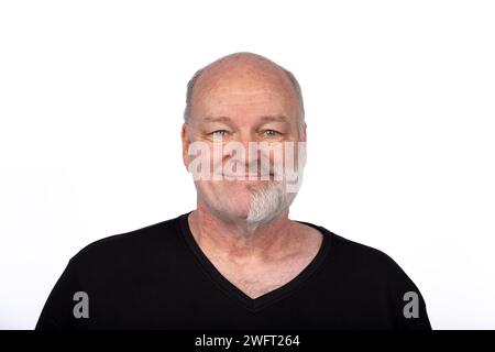 Smiling Middle-Aged Man with Unique Half-Face Beard in Black T-Shirt, Weird Beard Stock Photo