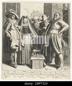 Kwakzalver, Jan van de Velde (II), after Willem Pietersz Buytewech, 1603 - 1652 print A big fat man, the quack, stands for a group of bystanders. There are attributes on a low table: bottles, tweezers, blades and some 'stones'. An elegant pair stands for him. The Lord is looking for money next to him to pay the quack. Next to him an old man with a long beard and fur hat. Behind the quack or 'Keisnijder' a canvas hangs on two sticks on which stones are exhibited, as the visible evidence of well-successful 'Kei operations'. Amsterdam paper engraving quack, charlatan, mountebank, 'saltimbanco'. c Stock Photo