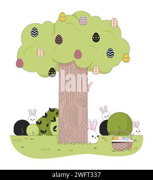 Easter bunnies tree springtime line cartoon flat illustration Stock Vector