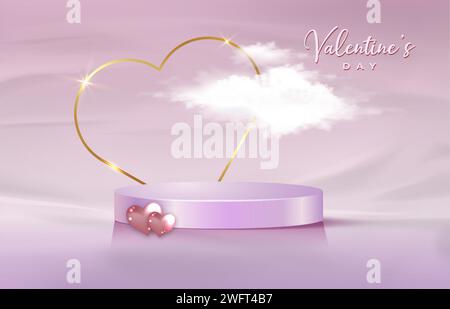 3d platform studio display Valentines Day, gold heart frame and fluffy cloud. Studio pink pedestal floor. Valentine day minimal scene for product Stock Vector