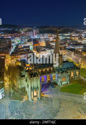 Sheffield, Yorkshire. United Kingdom. 01.26.2024 Sheffield Cathedral and City Centre at nightfall. Aerial Image. 26th January 2024. Stock Photo
