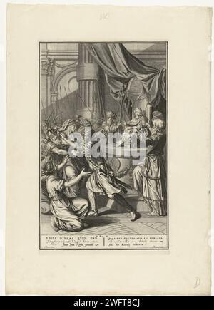 Atalja and Joas, c. 1711 - c. 1720 print The high priest Jojada raises the boy Joas to king. His grandmother Atalja tries to kill him and is captured by the palace guards. Illustration for the Old Testament, 2 Kon. 11. Under the show a title in Hebrew, English, German, Latin, French and Dutch. Amsterdam paper engraving Joash is proclaimed king at the age of seven. Athalia hearing the noise of the people acclaiming King Joash, comes to the temple and sees the new king standing by a pillar; she tears her clothes in dismay Stock Photo