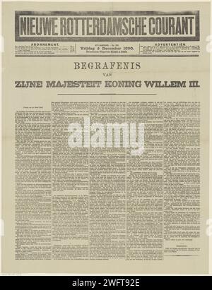 Newspaper with an article about the funeral of William III, King of the Netherlands, on December 4, 1890, 1890   Rotterdam paper letterpress printing funerary ceremonial Noordeinde Palace. new church Stock Photo