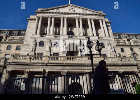 London, UK. 1st February 2024. Exterior view of the Bank of England as interest rates remain unchanged. Credit: Vuk Valcic/Alamy Live News Stock Photo