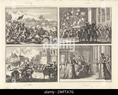 Victory of Sweden on the army of the emperor near Wittstock, 1636 / King Ladislas VI of Poland is injured while he seeing a fireworks from his palace, 1636 / riot in Lublin during the funeral of a non-Catholic, 1632 / Prague women offer queen Elisabeth A cradle and clothes for her expected child, 1619, Caspar Luyken, 1698 print Uncuted leaf with four prints. Amsterdam paper etching siege. bonfire, fire-works. palace. funerary ceremonial. plundering  riot. cradle, crib. pregnant woman Lublin Stock Photo