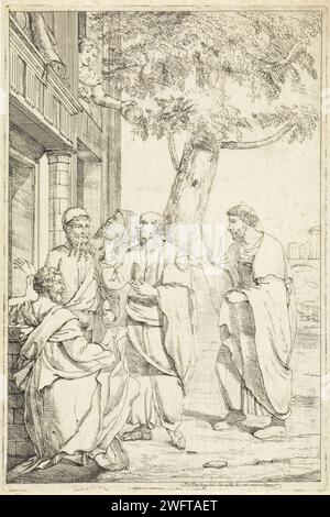 Socrates En Xantippe, Jan Tersteeg, 1765 print Xantippe, the wife of Socrates, throws water over the head of Socrates in her anger from a window, while standing outside with his students. Amsterdam paper etching / drypoint Xanthippe pours water over Socrates' head. dominating wife Stock Photo