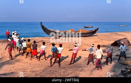 Rural India Kerala a large team of fishermen hauling in the seine net from the sea Stock Photo