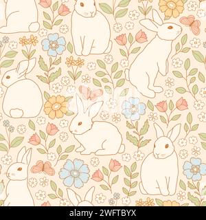 Cute endless pattern in pastel colors with bunnies and flowers Stock Vector