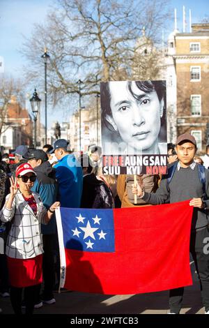London,UK, 1st Feb 2024 FREE AUNGSAN SAN SUU KYI NOW Protesters opposite Downing Street End the dictatorship in Burma {MYANMAR}  Credit: Richard Lincoln/Alamy Live News Stock Photo