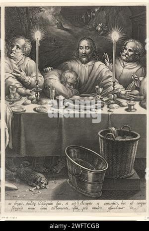 Last Supper (Midden Blad), Jan Harmensz. Muller, After Gillis Coignet (I), 1594 print Christ is in the middle of his disciples during the Last Supper. John lies against his chest. The disciples next to him respond surprised to his statement that one of them will betray him. Candles and food on the table. Under table a dog with a bone. In the background the representation of Christ in the Hof of Getsemane. Amsterdam paper engraving announcement of the betrayal of Christ, and the reaction of the apostles. Christ's prayer in the Garden of Gethsemane during the night Stock Photo