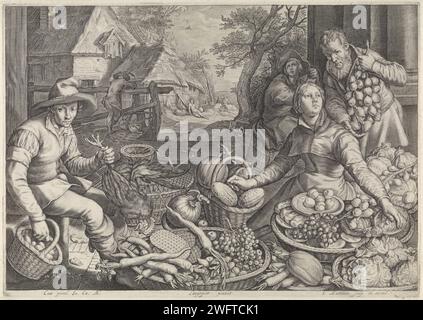 Marktcène and the rest on the flight to Egypt, Jacob Matham, after Pieter Aertsen, 1603 - 1631 print Vegetable sellers in their display. On the left a man with a chicken and a basket with eggs. In the background the rest on the flight to Egypt (Matt. 2:14). Print from a series of five prints with kitchen and market pieces combined with biblical scenes in the background. Haarlem paper engraving kitchen-interior with foodstuffs in foreground (Dutch: 'keukenstuk'). vegetables. stall, booth ( market). rest on the flight into Egypt Stock Photo
