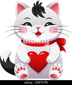 Cute kitten with a red ribbon and a heart in its paws. Cartoon character for valentines day, wedding, birthday. Vector illustration. Stock Vector