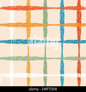 Textured Hand Drawn Plaid Vector Pattern. Grune Artistic Cottagecore Checks. Homestead Farmhouse Print. Pastel Summer Graphic Background with chalk cr Stock Vector