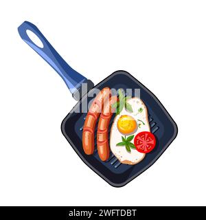Scrambled eggs in a square frying pan. Fried sausages with eggs. Healthy dinner. Healthy eating. Vector illustration Stock Vector